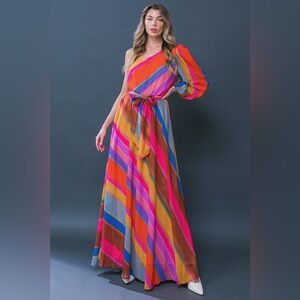 One-Shoulder Multicolor Stripe Maxi Dress - Pink/Orange